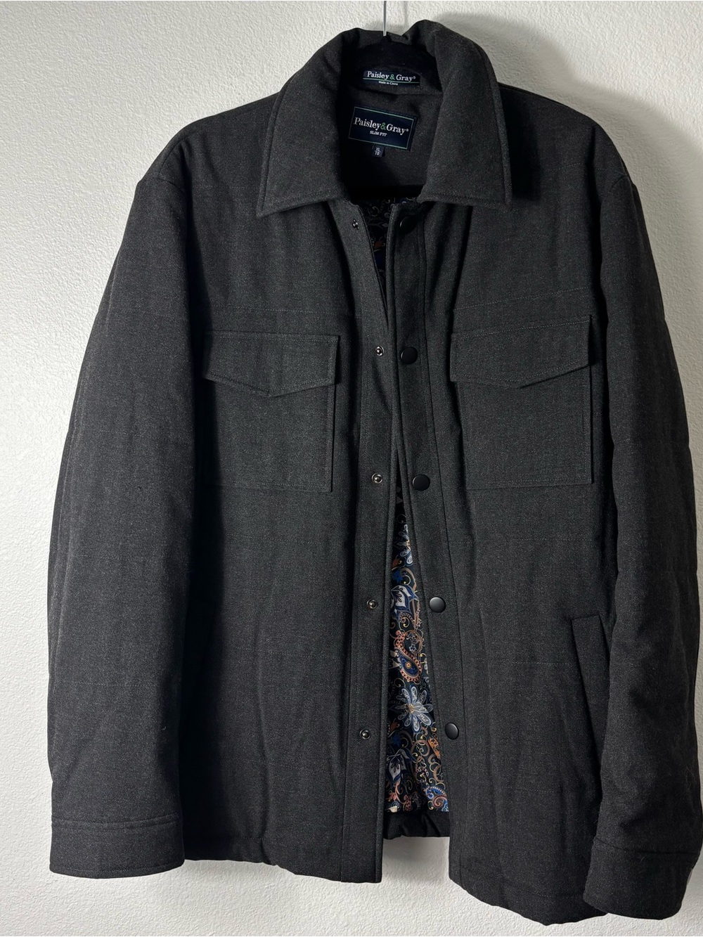 Paisley & Gray Slim Fit Charcoal Wool Blend Overshirt Jacket, Men’s XL